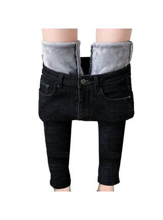 XFLWAM Fleece Lined Jean Look Leggings Jeggings for Women High Waist Tummy  Control with Back Pockets, Denim Print Fake Jean Blue M 