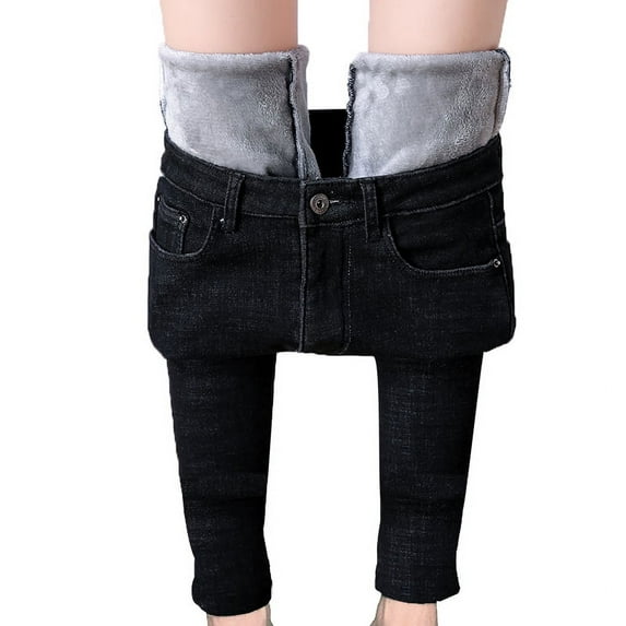 Musuos Women Solid Color Jeans, Winter Adults High Waisted Fleece Lined Jeggings with Pockets