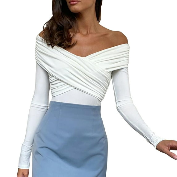 Musuos Women Solid Color Short T-Shirts Front Cross V-Neck Long Sleeve Off Shoulder Shirts Spring Fall Slim Fit Tops Streetwear