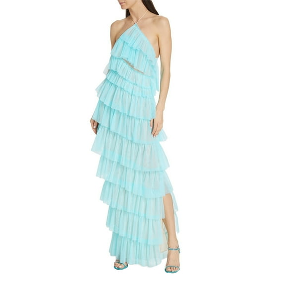 Musuos Women Solid Color Sleeveless Backless Layered Ruffle Mesh Party Dress