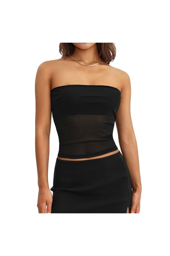 Women Solid Color Tube Top, Strapless Backless Tulle Patchwork Summer Vest for Club Party