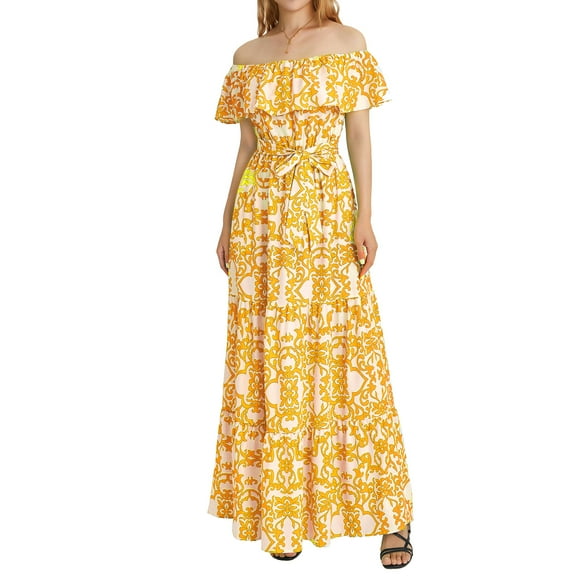 Musuos Women Spring Summer Long Dresses, Short Sleeve Off Shoulder Floral Print Casual Party Dress