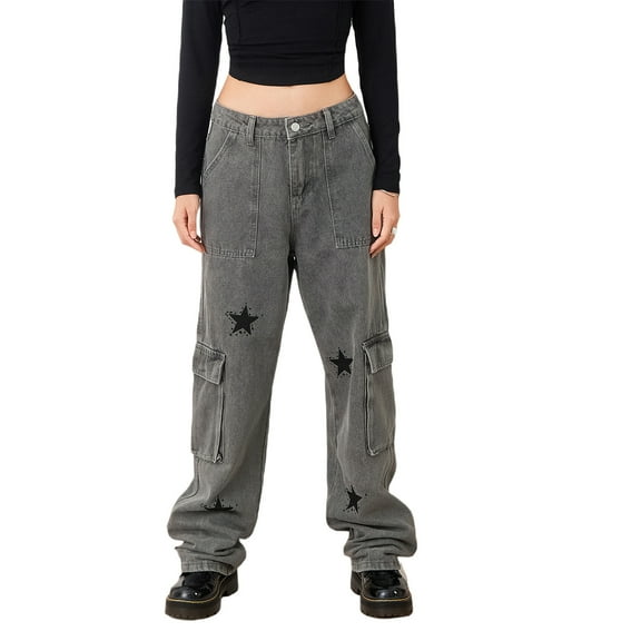 Musuos Women Straight Denim Pants, Big Pockets Star Print Long Pants Street Casual Fall Spring Trousers