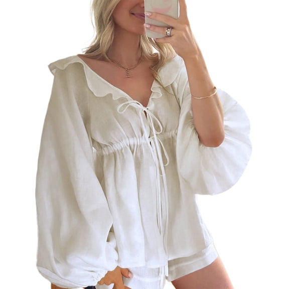 Musuos Women Summer 2 Piece Outfits Ruffle Loose Tie Front Long Sleeve Shirt and Elastic Shorts Casual Clothes