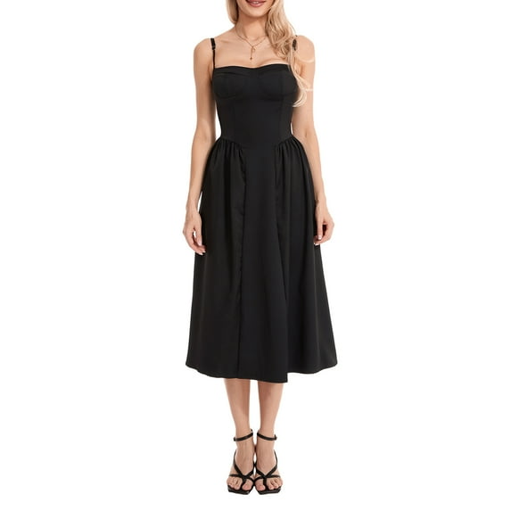 Musuos Women Summer Casual A-line Dress Solid Color Sleeveless Backless Midi Low-Cut Cami Dress with Side Pockets