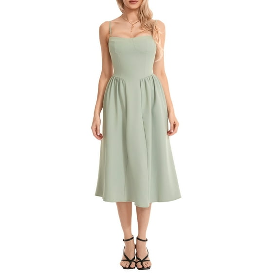 Musuos Women Summer Casual A-line Dress Solid Color Sleeveless Backless Midi Low-Cut Cami Dress with Side Pockets