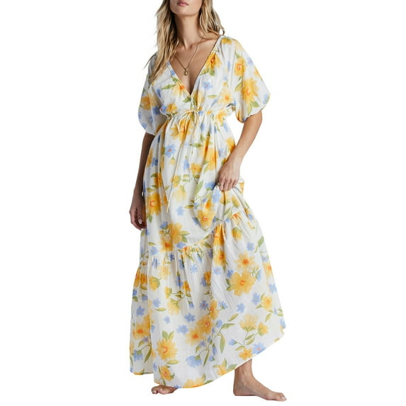 Musuos Women Summer Casual Long Dress Flower Print Deep V-Neck Tie-Up Short Sleeve Dress Fashion Beach Holiday Dress