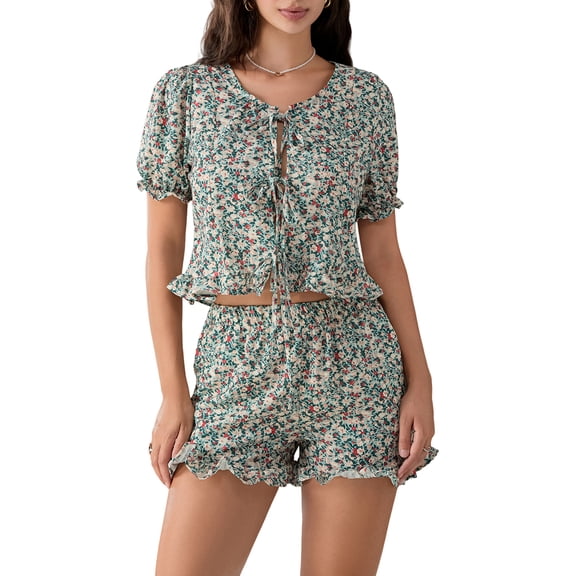 Musuos Women Summer Casual Shorts Outfits Floral Print/Patchwork Tie-Up Short Sleeve Tops Elastic Waist Shorts 2 Pieces Clothes Set