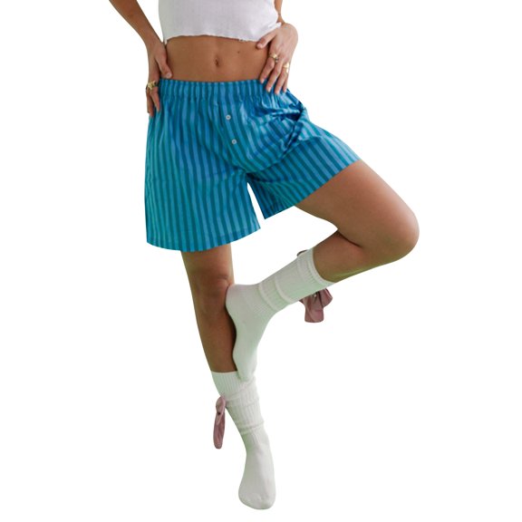 Musuos Women Summer Casual Shorts Striped/Plaid Print Elastic Short Pants for Daily Beach Streetwear, S-XXL