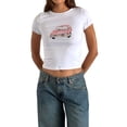 thumbnail image 1 of Musuos Women Summer Casual Slim Fit Tops Short Sleeve Bowknot/Cherry/Car Print Crew Neck T-Shirts Streetwear, 1 of 8