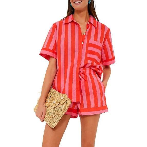 Musuos Women Summer Comfy 2 Pieces Pajamas Set Stripe Short Sleeve Loose Button Shirts and Elastic Shorts Sleepwear Loungewear