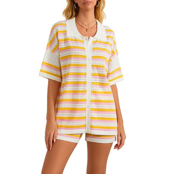 Musuos Women Summer Crochet Knit Pajamas Set Stripe Contrast Color Button Lapel Tops and Elastic Shorts 2 Pieces Loungewear Suits
