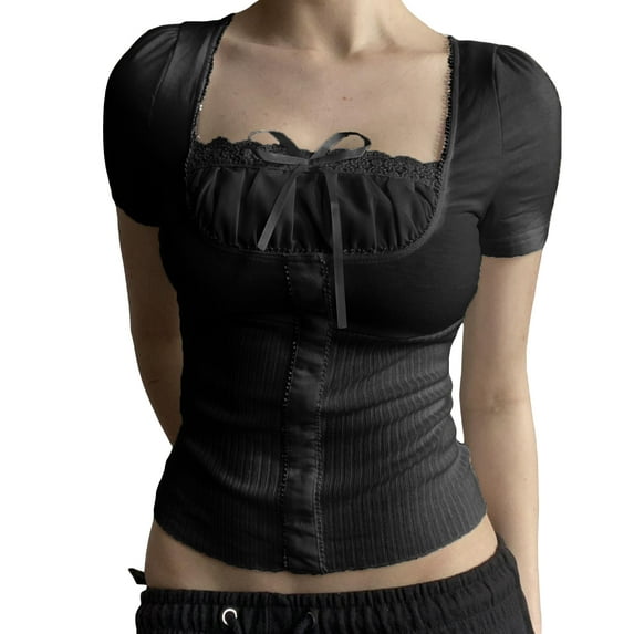 Musuos Women Summer Crop Tops, Short Sleeve Square Neck Patchwork T-shirt Streetwear for Casual Daily