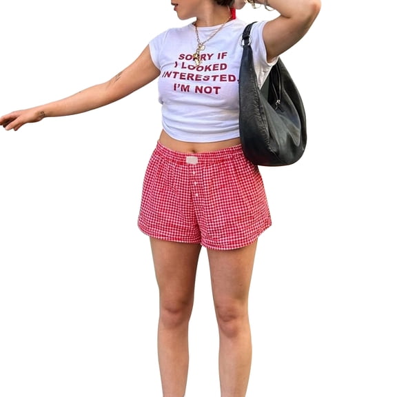 Musuos Women Summer Loose Shorts Casual Plaid/Stripe Print Elastic Button Wide Leg Short Pants for Daily