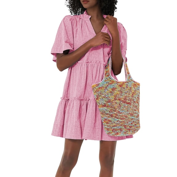 Musuos Women Summer Plain Short Dress Short Sleeve V Neck Pleated Solid a-line Dress for Casual Daily