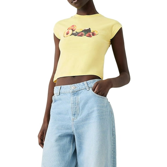 Musuos Women Summer Short T-Shirts Fruit/Floral/Star Print Cap Sleeve Round Neck Slim Fit Crop Tops Streetwear