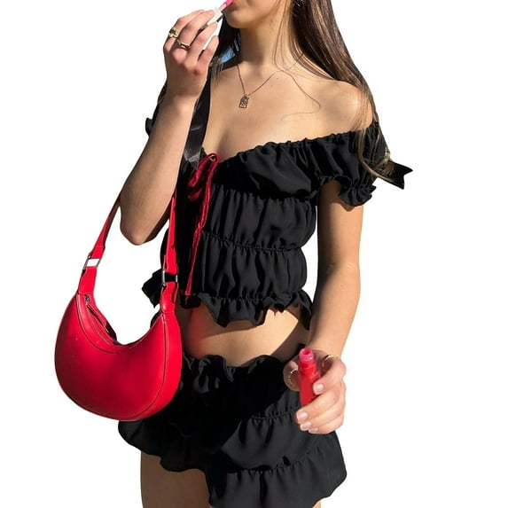 Musuos Women Summer Skirt Set, Short Sleeve Tie-up T-shirt with Low Waist Mini Bodycon Skirt Pleated 2Pieces Set