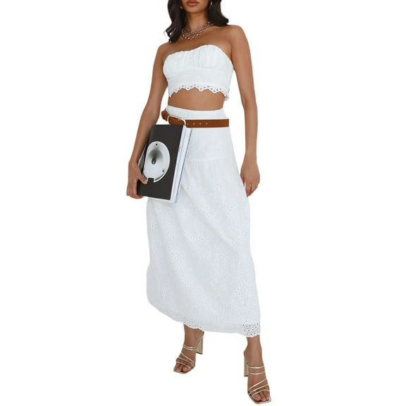 Musuos Women Summer Skirts Outfits Solid Color Eyelet Strapless Tube Tops High Waist Long Skirts 2 Pieces Clothes Set, White
