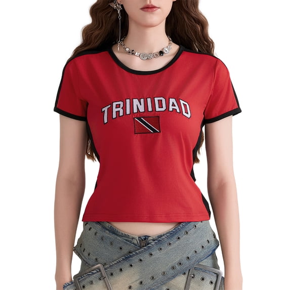 Musuos Women Summer Slim Fit T-shirt, Crew Neck Short Sleeve Letters Print Contrast Color Casual Tops Streetwear