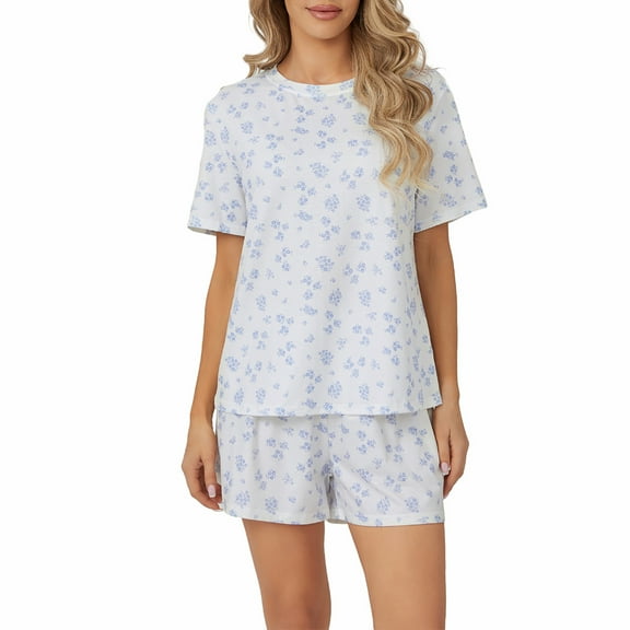 Musuos Women Summer Soft Pajamas Set Floral Print Short Sleeve T-Shirts and Elastic Waist Shorts Sleepwear 2 Pieces Loungewear Outfits