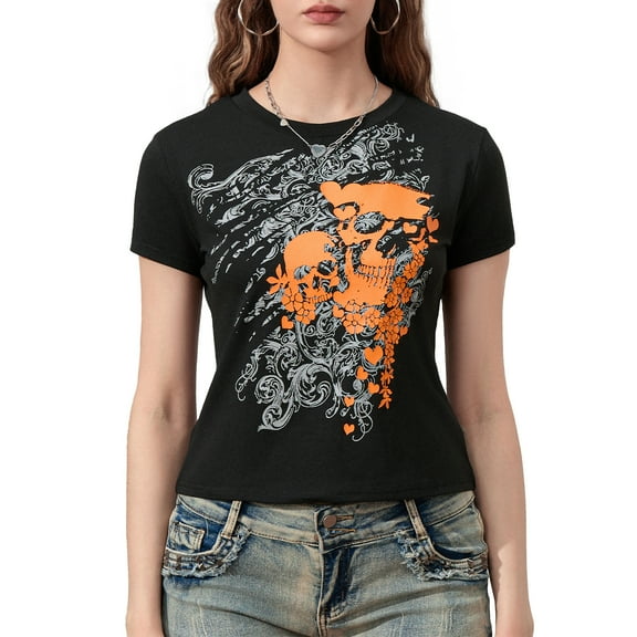Musuos Women Summer T-Shirts Short Sleeve Skull Print Crew Neck Shirts Casual Slim Fit Tops Streetwear