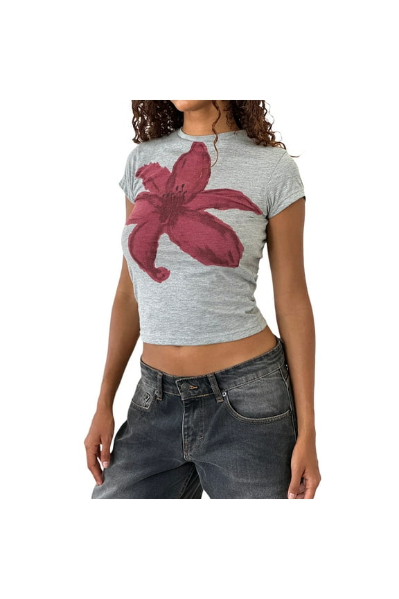 Women Summer T-shirt, Crew Neck Short Sleeve Flower Print Slim Fit Crop Tops for Casual Daily