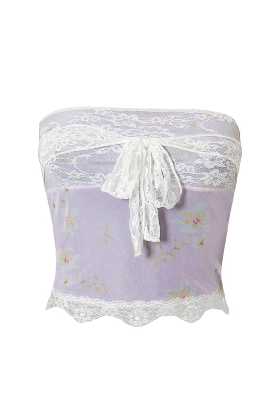 Women Summer Tube Tops, Flower Print Lace Patchwork Strapless Off Shoulder Cropped Tank Tops