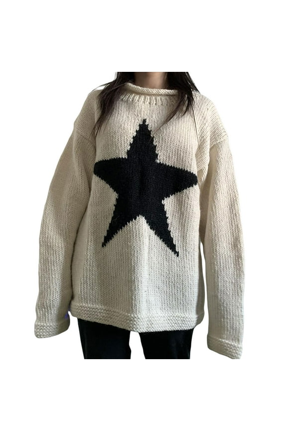 Women Sweater Knit Pullover Long Sleeve Crew Neck Star Pattern Winter Tops for Casual Daily