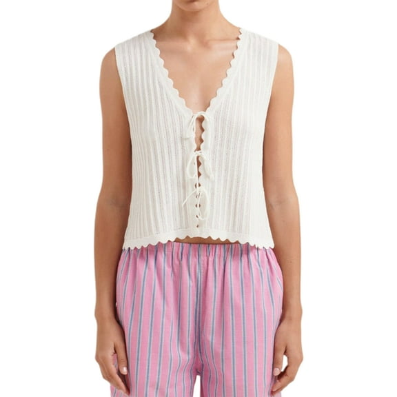 Musuos Women Thin Knitted Tank Tops Sleeveless V-Neck Tie Front Basic Vest Casual Summer Shirt Aesthetic Clothes for Streetwear