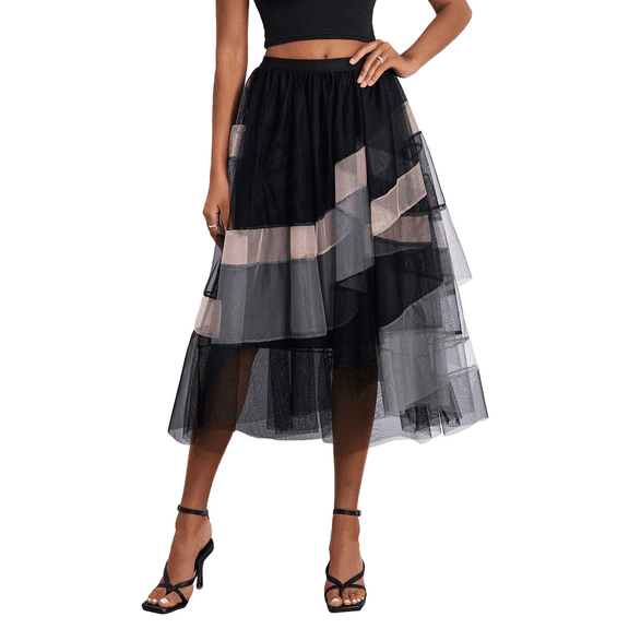 Musuos Women Tulle Tutu Skirt Contrast Color Elastic Mesh Fairy A-Line Midi Skirt