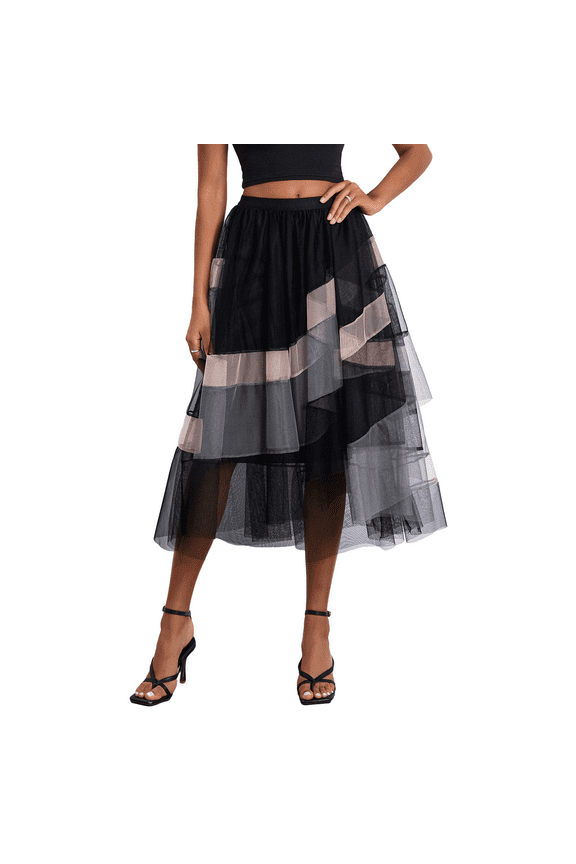 Women Tulle Tutu Skirt Contrast Color Elastic Mesh Fairy A-Line Midi Skirt
