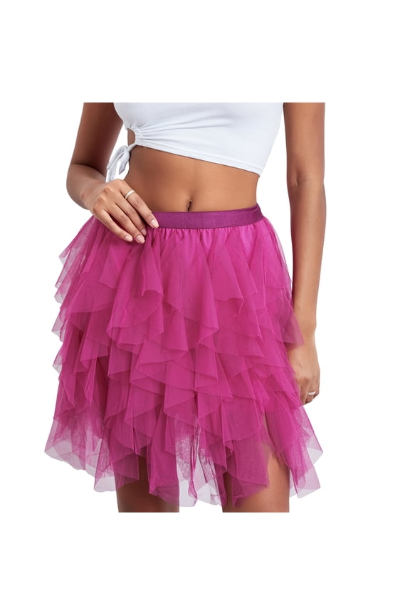 Women Tulle Tutu Skirt Solid Color Elastic Layered Mesh Fairy A-Line Skirt for Summer