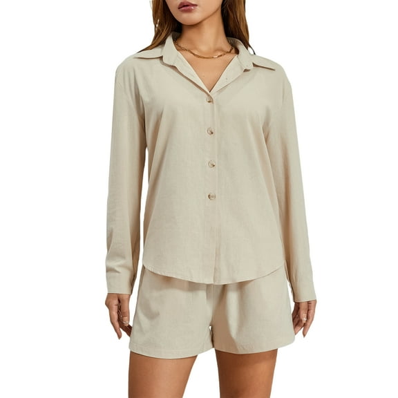 Musuos Women's 2 Piece Casual Outfits Long Sleeve Lapel Button Shirt Drawstring Shorts Sets Streetwear, Beige