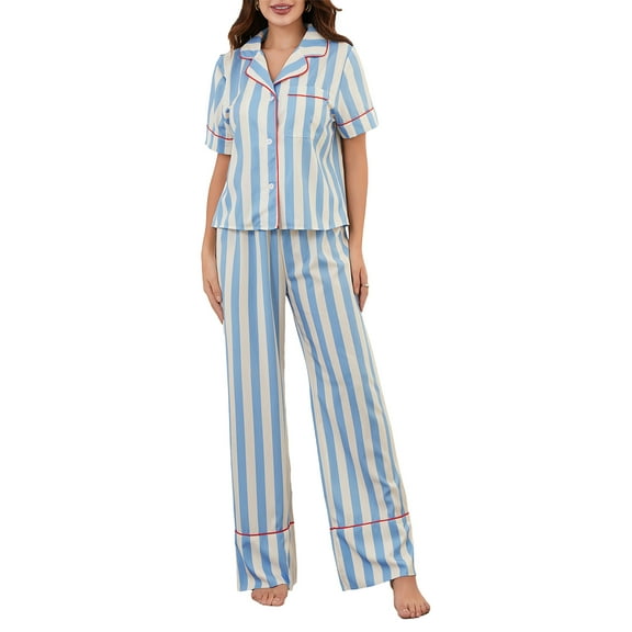 Musuos Women’s 2 Piece Loose Soft Pajama Set Short Sleeve Chest Pocket Shirt + Elastic Long Pants Set Stripe Sleepwear Loungewear