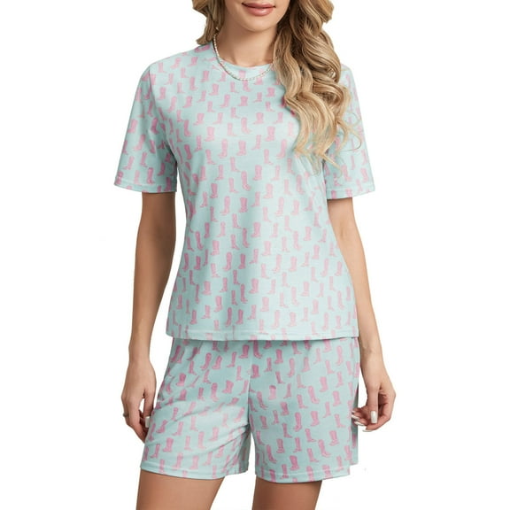 Musuos Women's 2 Piece Lounge Set Short Sleeve Crewneck Tops Boots Print Shorts Sleepwear Sets