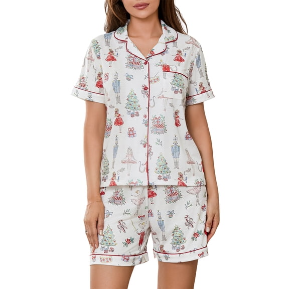 Musuos Women's 2 Piece Soft Pajama Set, Lapel Neck Short Sleeve Button Down Shirts   Elastic Waist Shorts Lounge Outfits for Summer