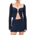 thumbnail image 1 of Musuos Women's 2 Piece Summer Outfit Long Sleeve Front Open Ring Ruched Tops + Low Waist Tight Fitted Mini Skirt Set, 1 of 10