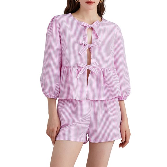 Musuos Women's 2 Piece Summer Outfits Puff Sleeve Bow Tie Front Babydoll Tops Wide Leg Shorts Sets Casual Streetwear