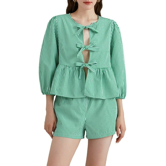 Musuos Women's 2 Piece Summer Outfits Puff Sleeve Bow Tie Front Babydoll Tops Wide Leg Shorts Sets Casual Streetwear