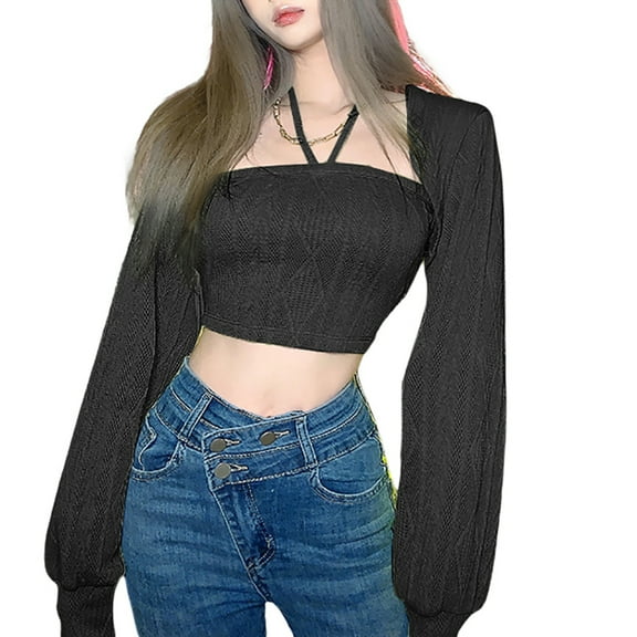 Musuos Women's 2 Pieces Fashion Halter Crop Tops Set, Sleeveless Solid Color Knit Camisole + Long Sleeve Bolero Shrug