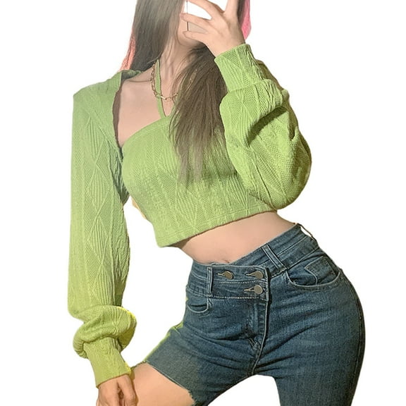 Musuos Women's 2 Pieces Fashion Halter Crop Tops Set, Sleeveless Solid Color Knit Camisole + Long Sleeve Bolero Shrug