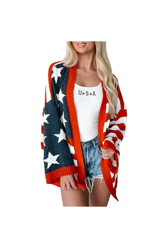 Women’s 4th for July Knit Cardigan Long Sleeve Stars and Stripes Print Open Front Sweater Loose Fall Outwear