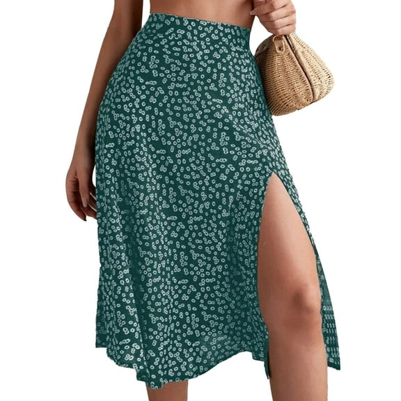 Musuos Women's A-line Midi Skirts Bohemian Floral Print High Waist Split Skirts Summer Casual Long Skirts