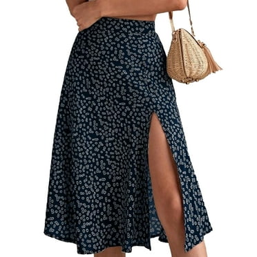 Musuos Women's A-line Midi Skirts Bohemian Floral Print High Waist Split Skirts Summer Casual Long Skirts