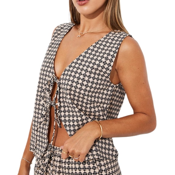 Musuos Women's Abstract Print Vest Sleeveless V Neck Tie-up Front Tank Tops Summer Shirts