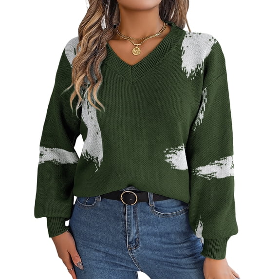 Musuos Women's Autumn Loose Knit Tops Casual Irregular Pattern Print Long Sleeve V-Neck Sweaters
