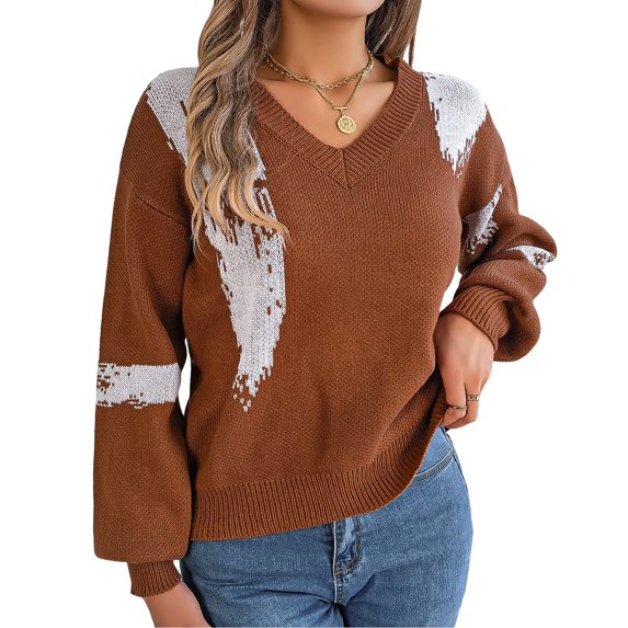 Musuos Women's Autumn Loose Knit Tops Casual Irregular Pattern Print Long Sleeve V-Neck Sweaters