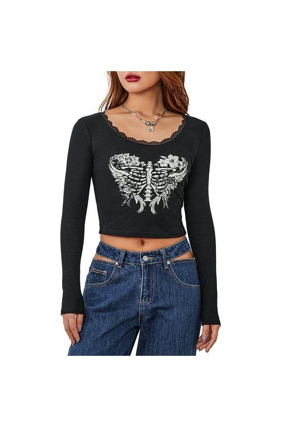 Women's Autumn Slim Gothic Crop Tops Black Long Sleeve Skeleton Print Lace Trim T-shirt