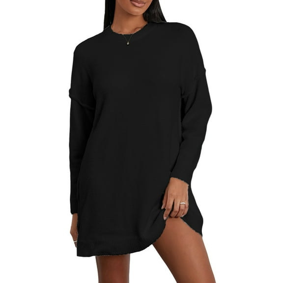 Musuos Women's Autumn Winter Knit Sweater Solid Color Long Sleeve Crewneck Long Knitwear