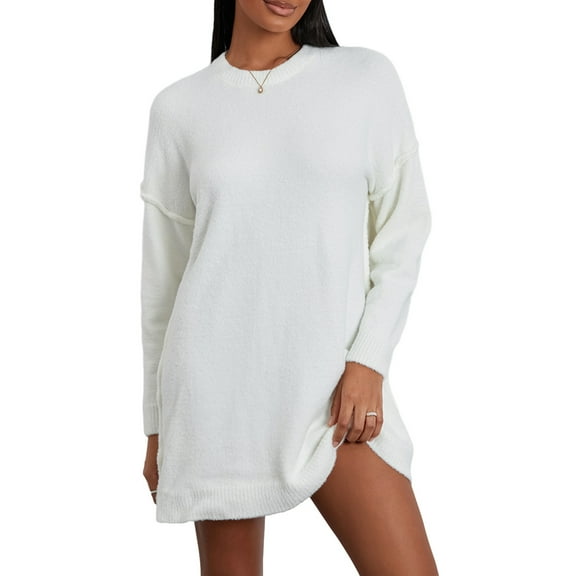 Musuos Women's Autumn Winter Knit Sweater Solid Color Long Sleeve Crewneck Long Knitwear